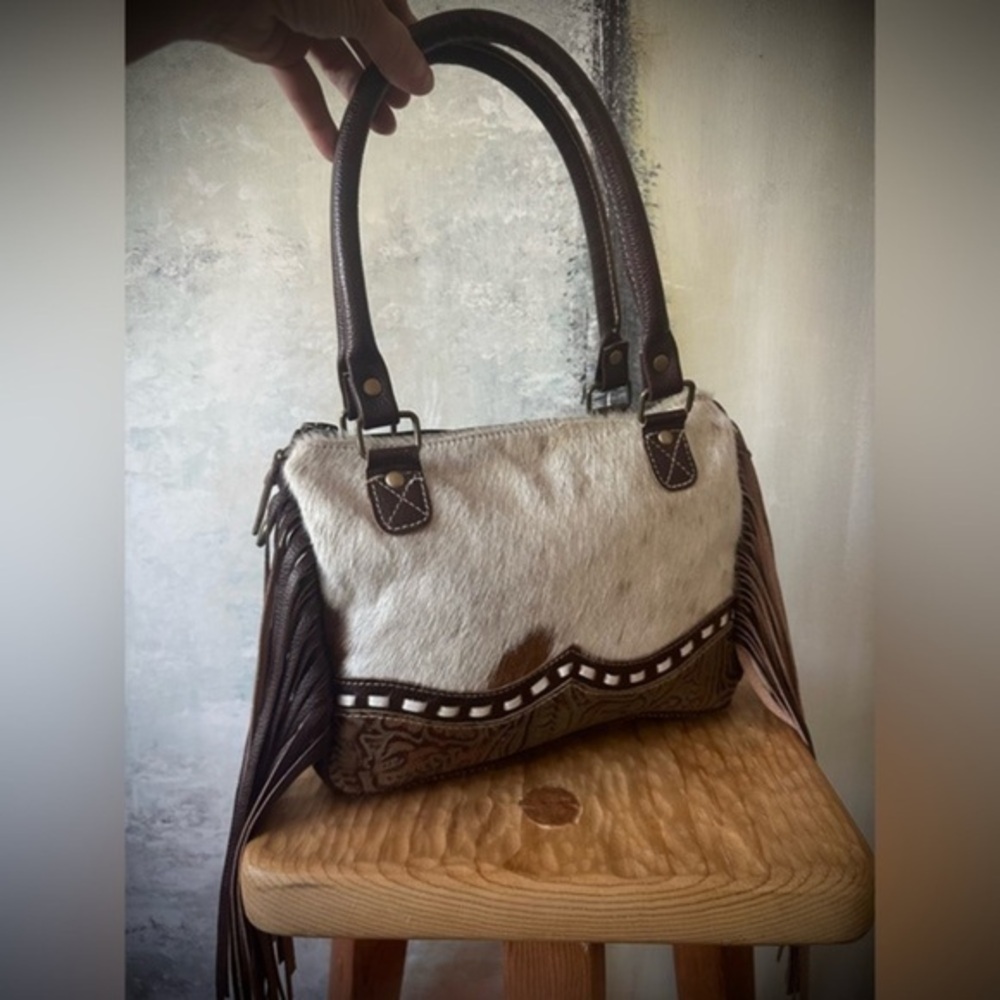 Brown and Cream Leather Fringe Handbag